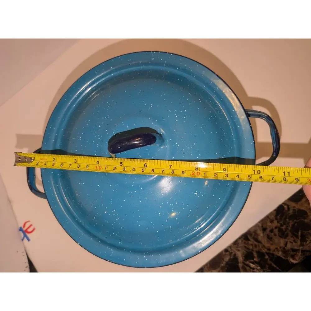 Vintage BLUE Speckled Enamelware Large Stock Pot Domed Lid Perfect For Camping